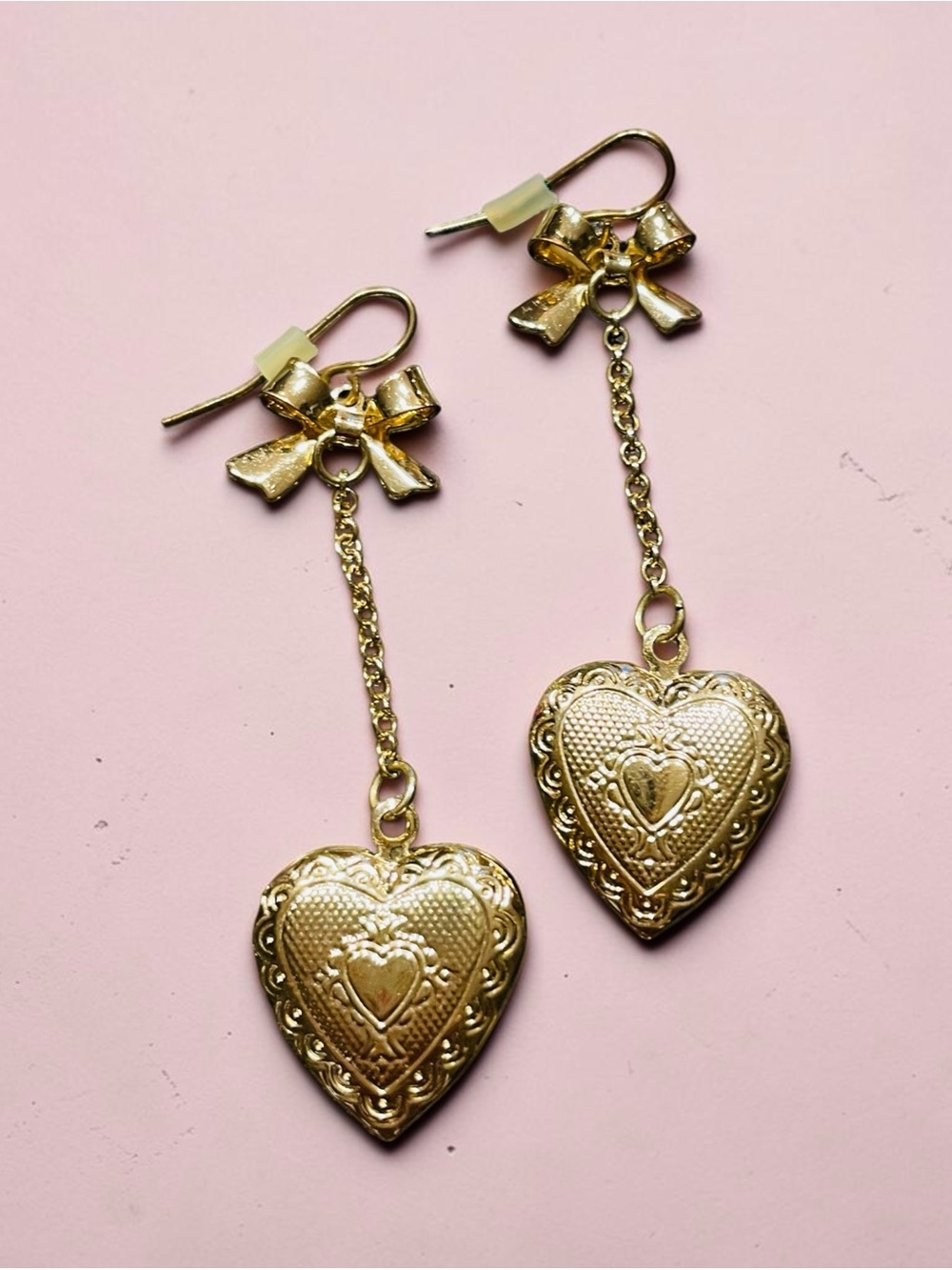 Silver Heart Dangle Earrings with Bow Accent - Women’s Jewelry